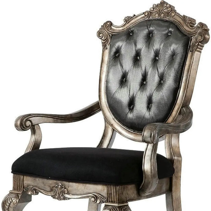 Set of Two Dark Gray and Platinum Tufted Fabric Open Back Dining Arm Chairs Homeroots Kitchen & Dining