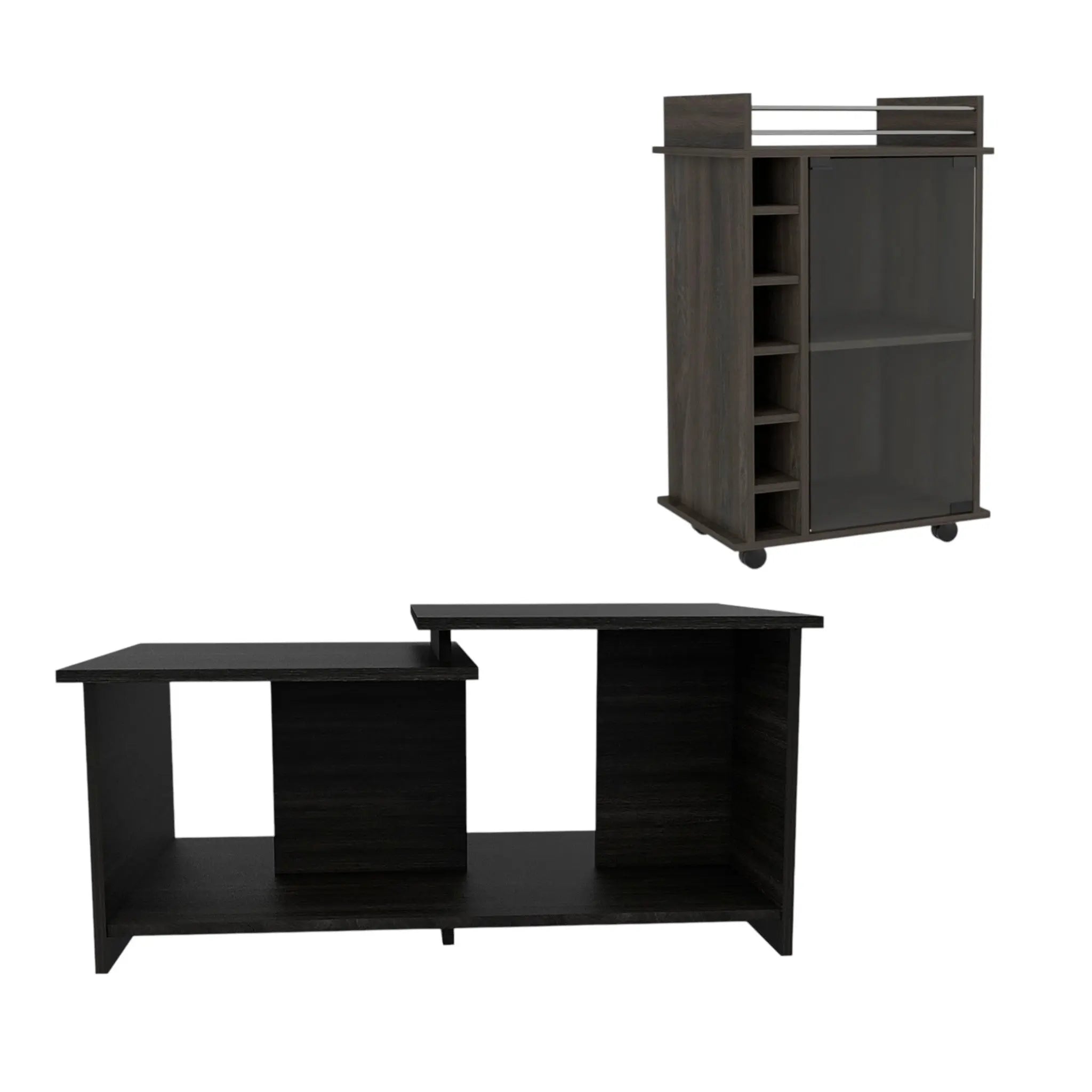 Set of Two Espresso and Black Wood Floor Shelf Furniture Set Homeroots Kitchen & Dining