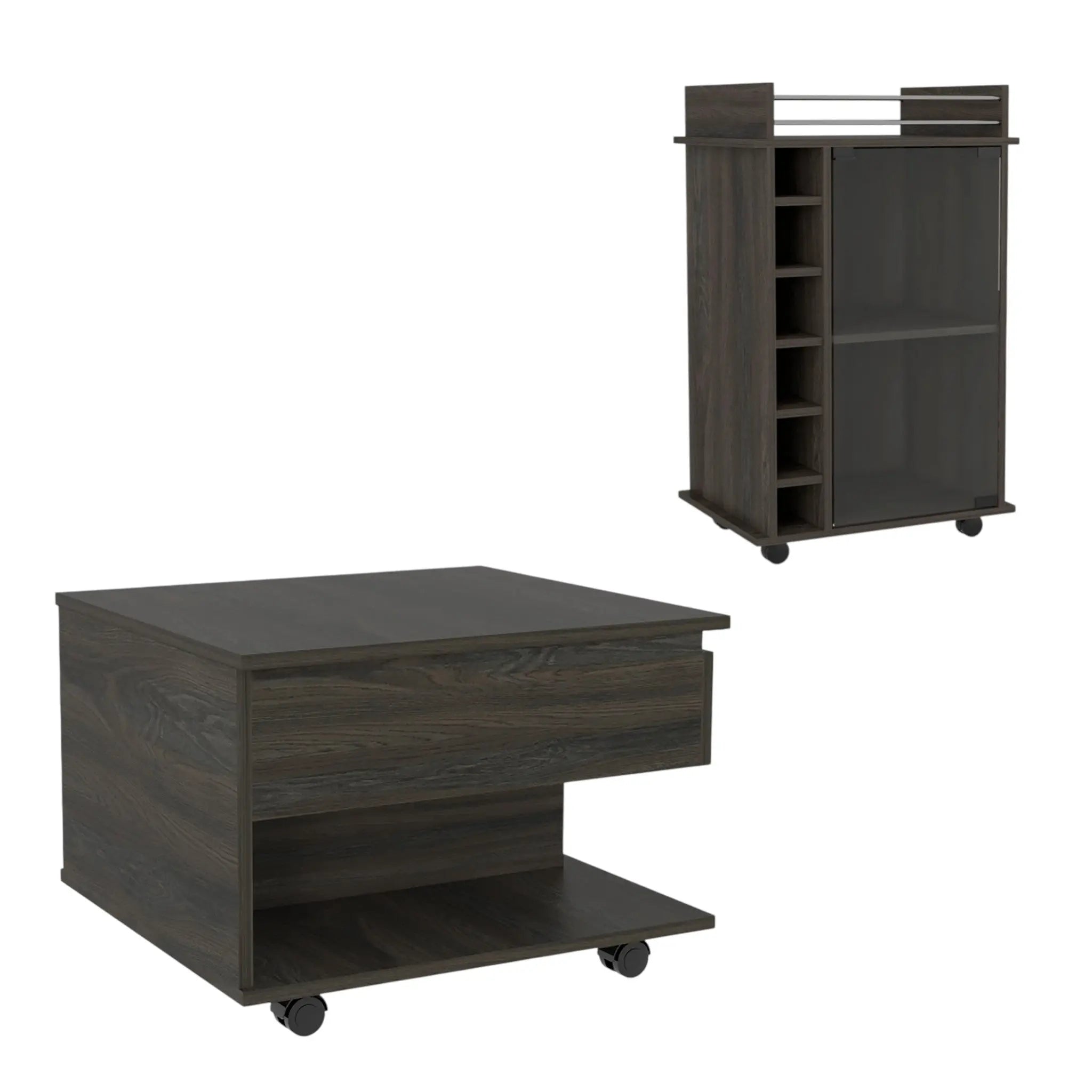 Set of Two Espresso and Black Wood Wheel Furniture Set Homeroots Kitchen & Dining
