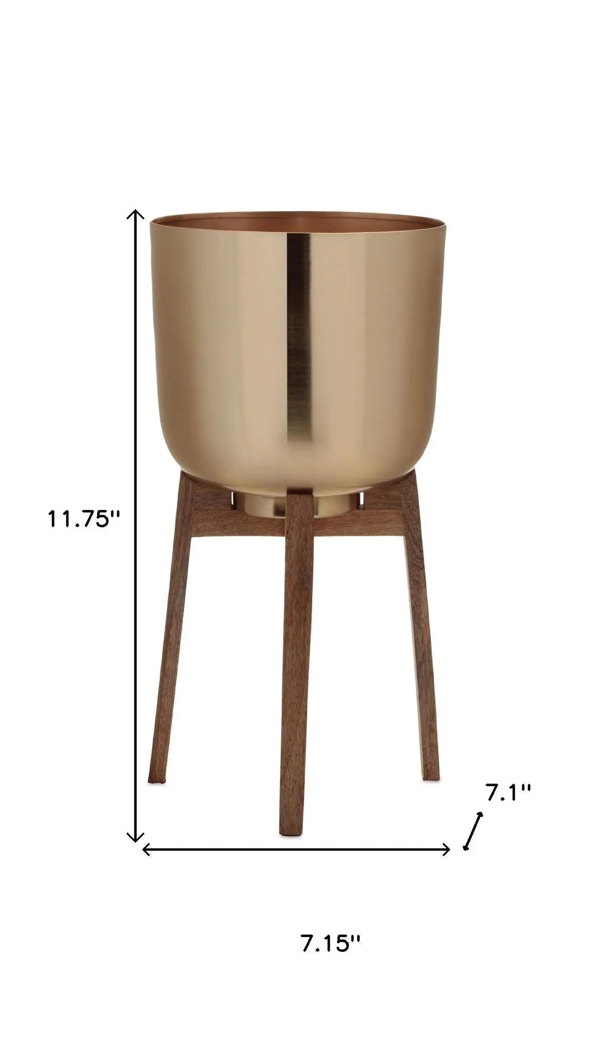 Set of Two Gold And Natural Metal And Wood 65 Ounce Round Elevated Planters Homeroots Home Decor