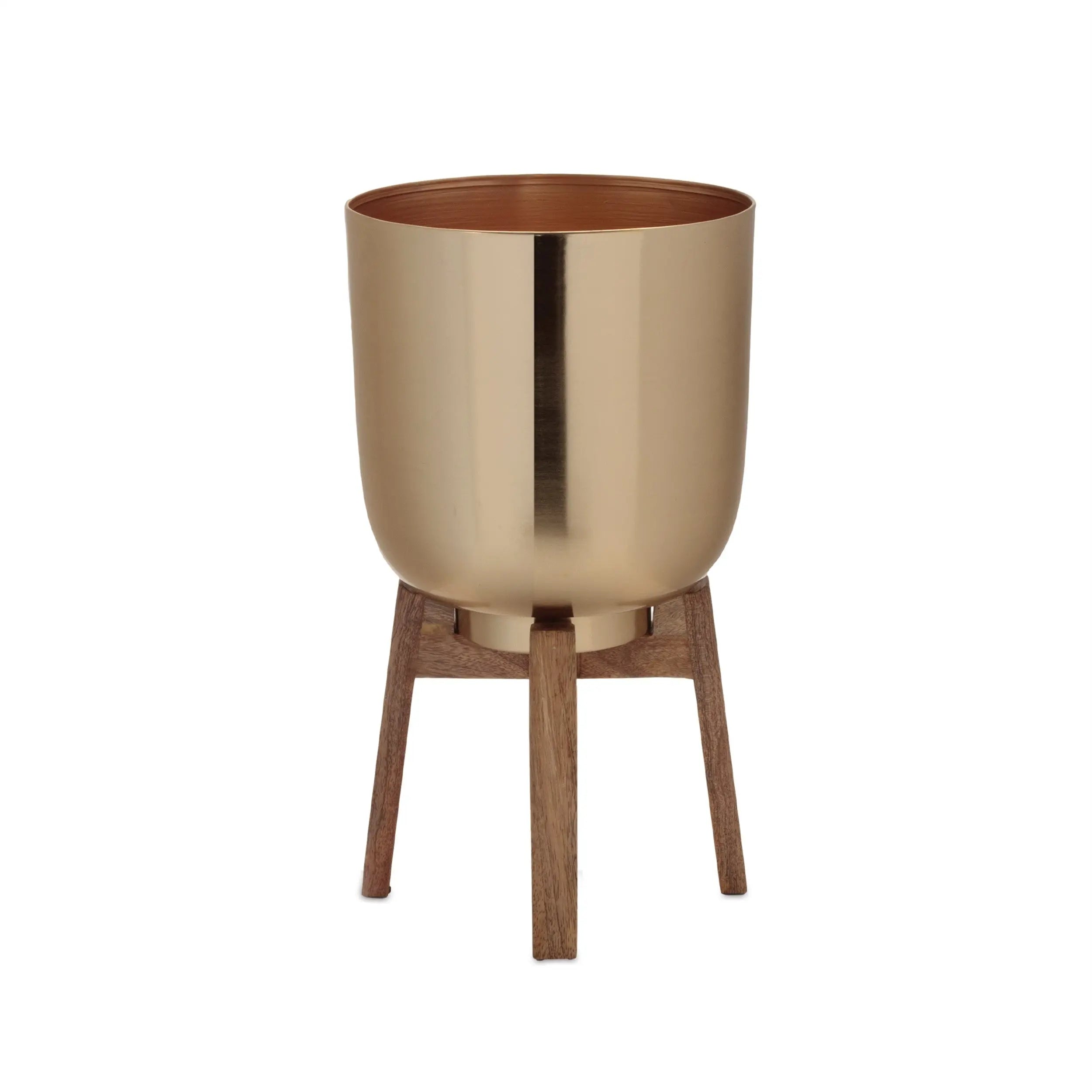 Set of Two Gold And Natural Metal And Wood 65 Ounce Round Elevated Planters Homeroots Home Decor