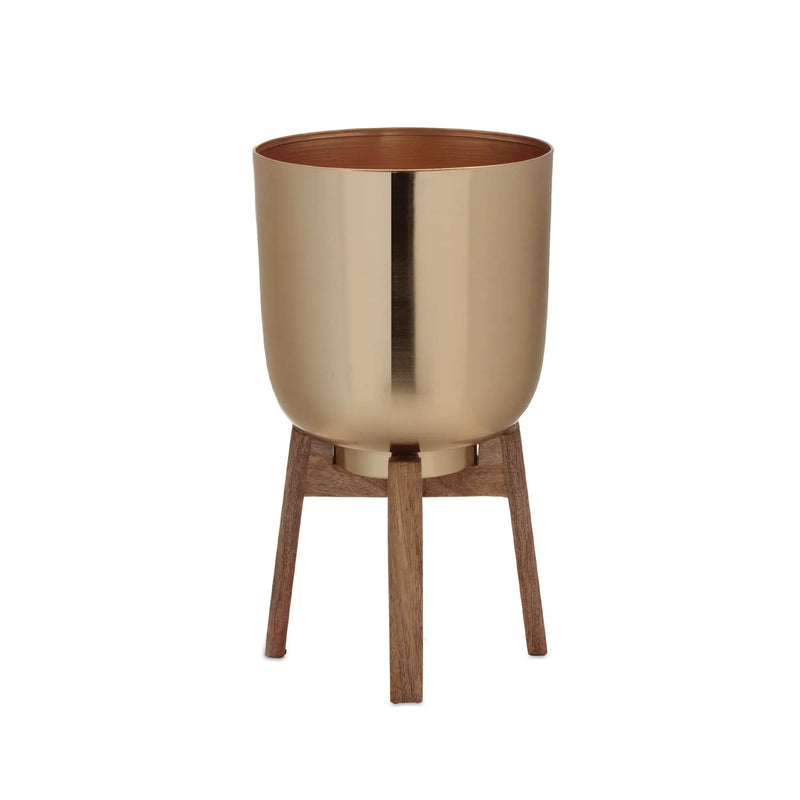 Set of Two Gold And Natural Metal And Wood 65 Ounce Round Elevated Planters Homeroots Home Decor