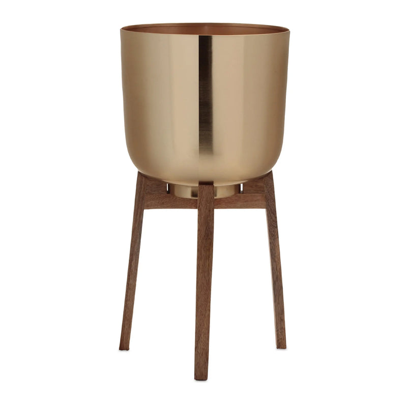 Set of Two Gold And Natural Metal And Wood 65 Ounce Round Elevated Planters Homeroots Home Decor