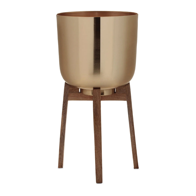 Set of Two Gold And Natural Metal And Wood 65 Ounce Round Elevated Planters Homeroots Home Decor