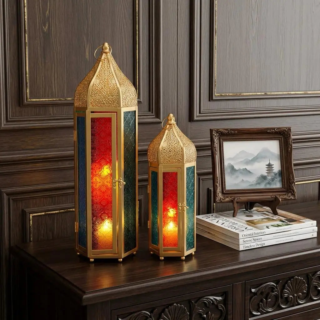 Set of Two Gold Distressed Glass Tabletop Lantern Candle Holders Homeroots Home Decor