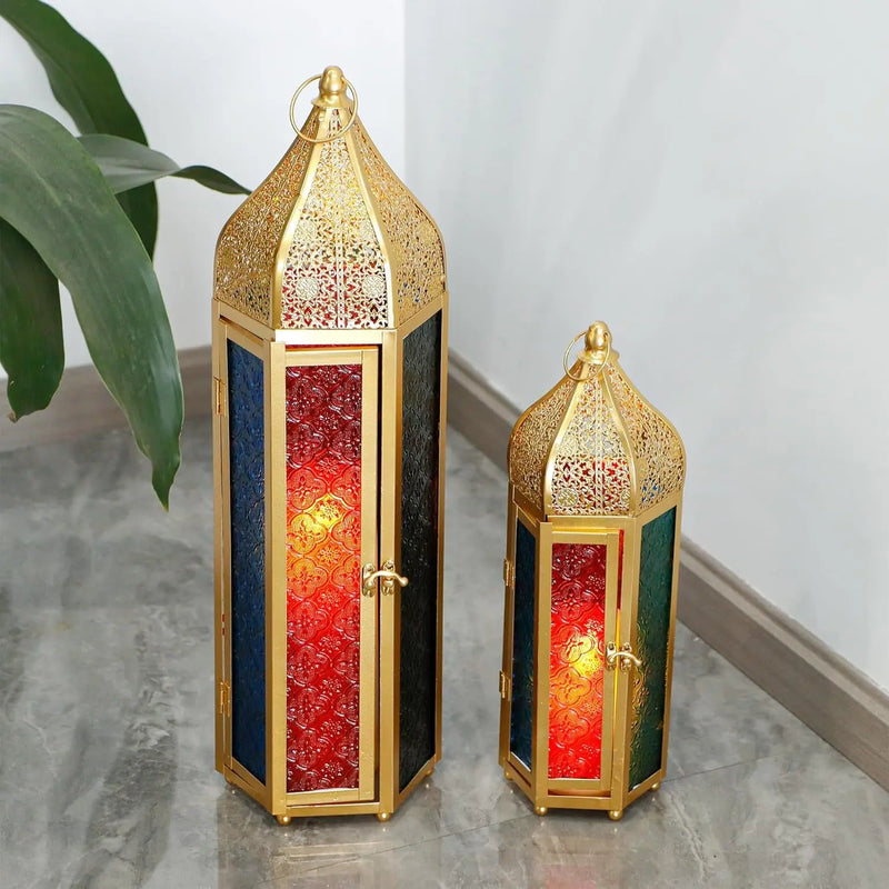 Set of Two Gold Distressed Glass Tabletop Lantern Candle Holders Homeroots Home Decor