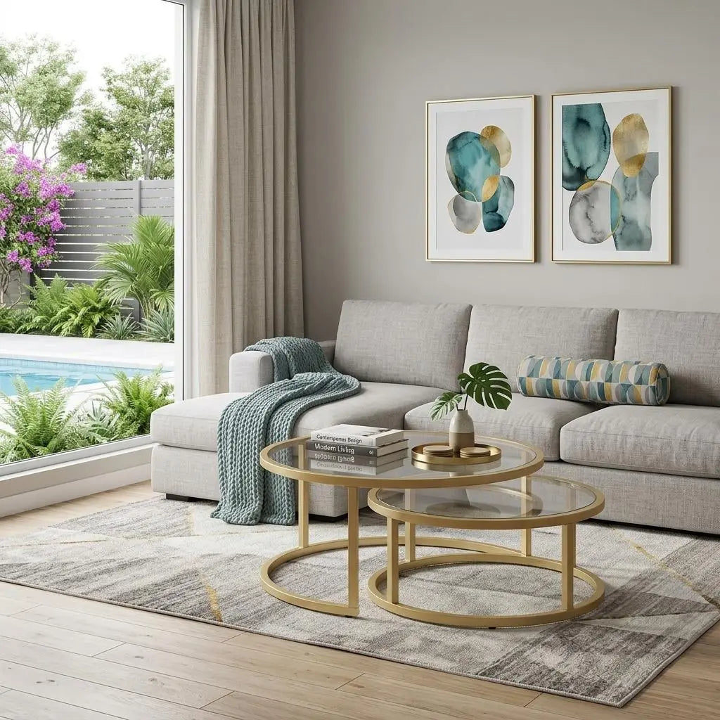 Set of Two Gold Glass Round Nested Coffee Tables Homeroots Living Room