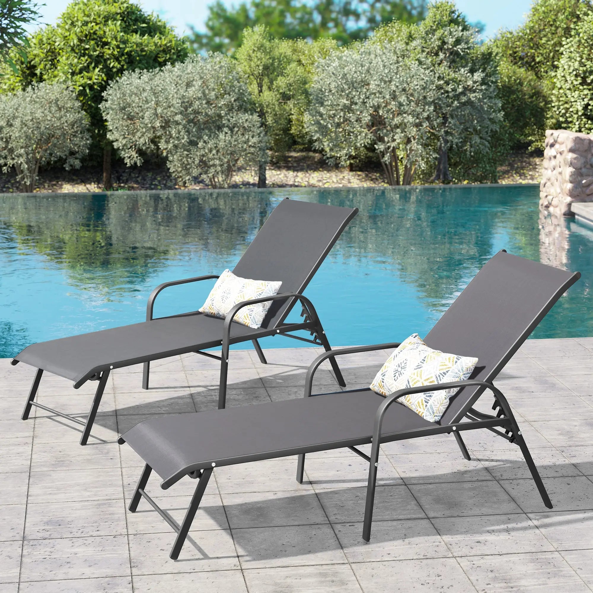 Set of Two Gray Aluminum Six Position Adjustable Outdoor Stacking Chaise Lounges Homeroots Outdoor