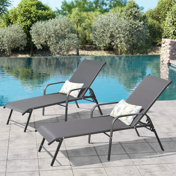 Set of Two Gray Aluminum Six Position Adjustable Outdoor Stacking Chaise Lounges Homeroots Outdoor