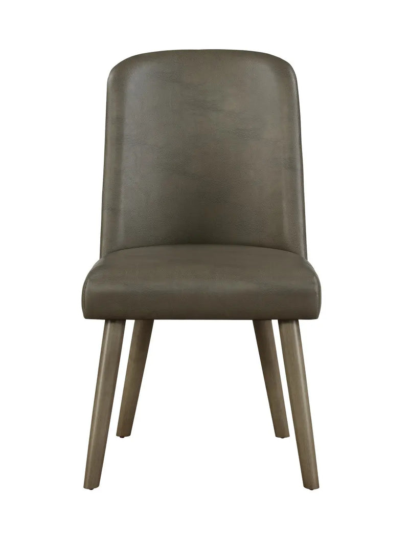 Stylish dark olive green faux leather dining chair with tapered wooden legs.