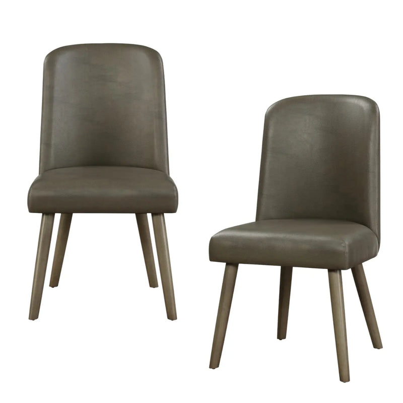 Set of 2 modern gray faux leather dining chairs with sleek wooden legs. Ideal for contemporary home decor.