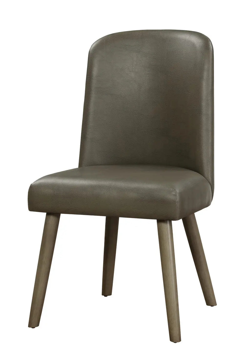 Stylish olive green leather dining chair with tapered wooden legs for modern interiors.