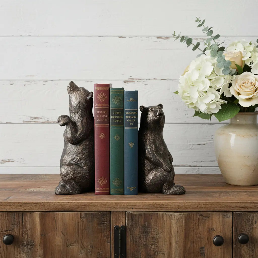 Set of Two Gray Resin Bear Decorative Bookends Homeroots Home Decor