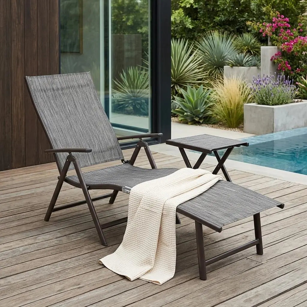Set of Two Gray Steel Five Position Adjustable Outdoor Stacking Chaise Lounges Homeroots Outdoor