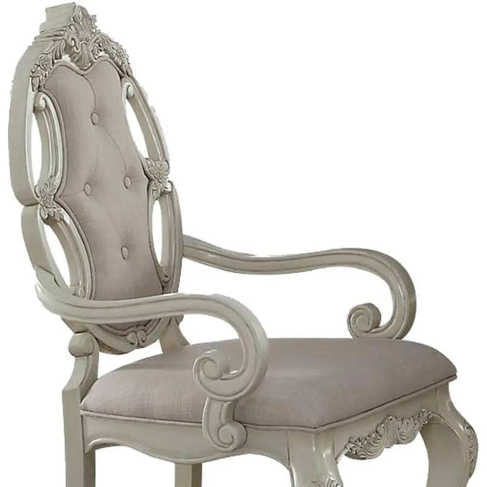 Set of Two Gray and Antiqued White Tufted Fabric Dining Arm Chairs Homeroots Kitchen & Dining