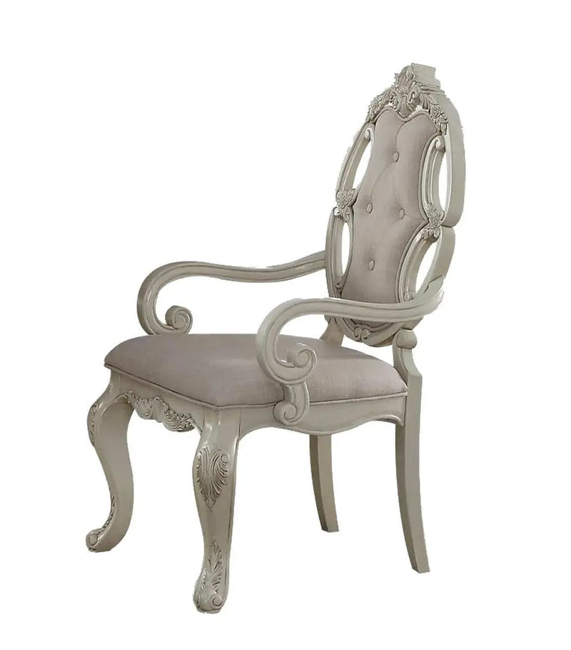 Set of Two Gray and Antiqued White Tufted Fabric Dining Arm Chairs Homeroots Kitchen & Dining