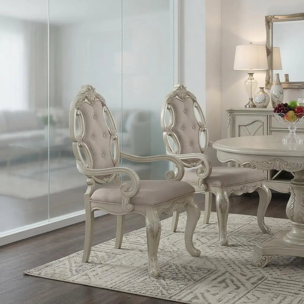 Set of Two Gray and Antiqued White Tufted Fabric Dining Arm Chairs Homeroots Kitchen & Dining