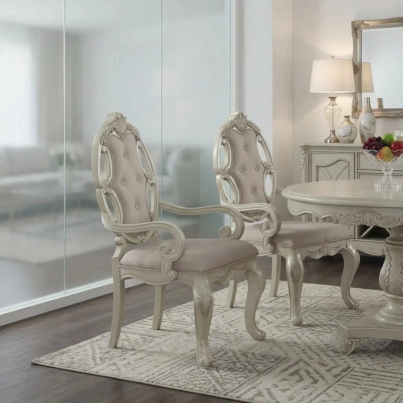 Set of Two Gray and Antiqued White Tufted Fabric Dining Arm Chairs Homeroots Kitchen & Dining