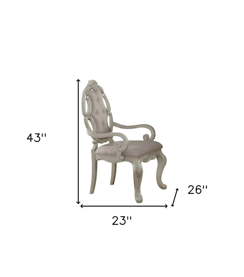 Set of Two Gray and Antiqued White Tufted Fabric Dining Arm Chairs Homeroots Kitchen & Dining
