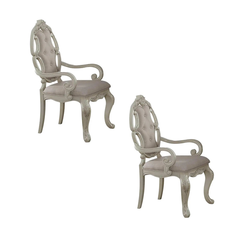 Set of Two Gray and Antiqued White Tufted Fabric Dining Arm Chairs Homeroots Kitchen & Dining