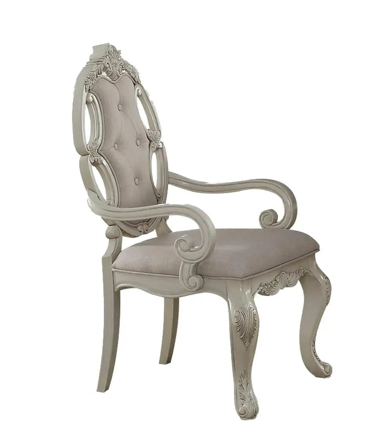 Set of Two Gray and Antiqued White Tufted Fabric Dining Arm Chairs Homeroots Kitchen & Dining