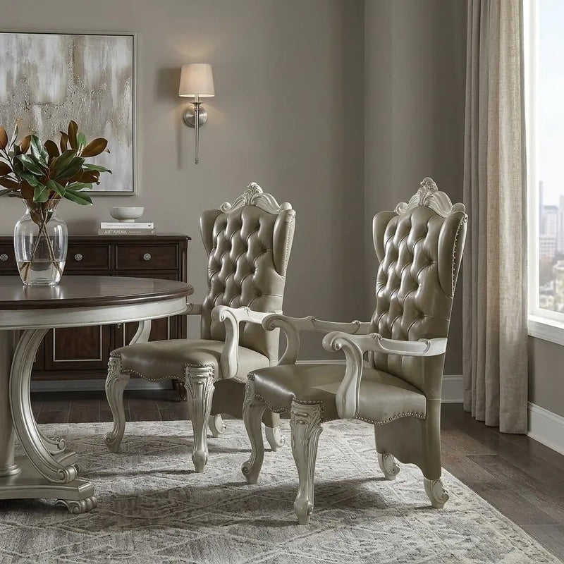 Set of Two Gray and Bone Tufted Faux Leather Wing Back Dining Arm Chairs Homeroots Kitchen & Dining
