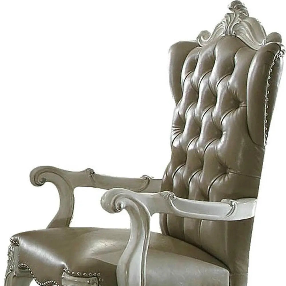 Set of Two Gray and Bone Tufted Faux Leather Wing Back Dining Arm Chairs Homeroots Kitchen & Dining