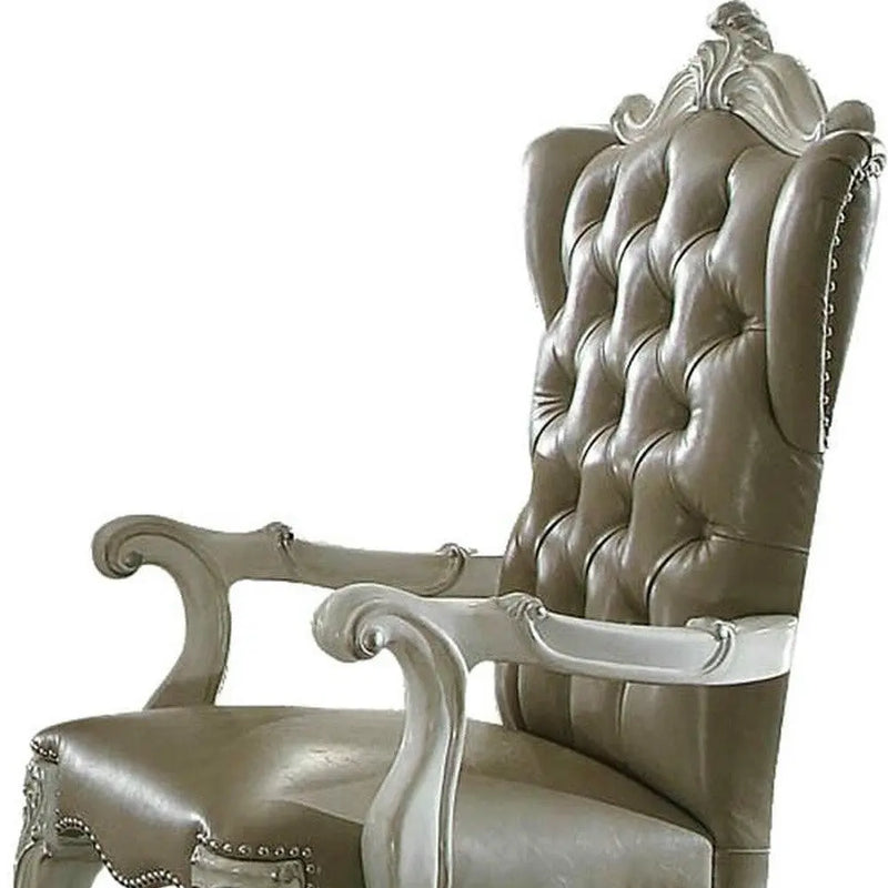 Set of Two Gray and Bone Tufted Faux Leather Wing Back Dining Arm Chairs Homeroots Kitchen & Dining