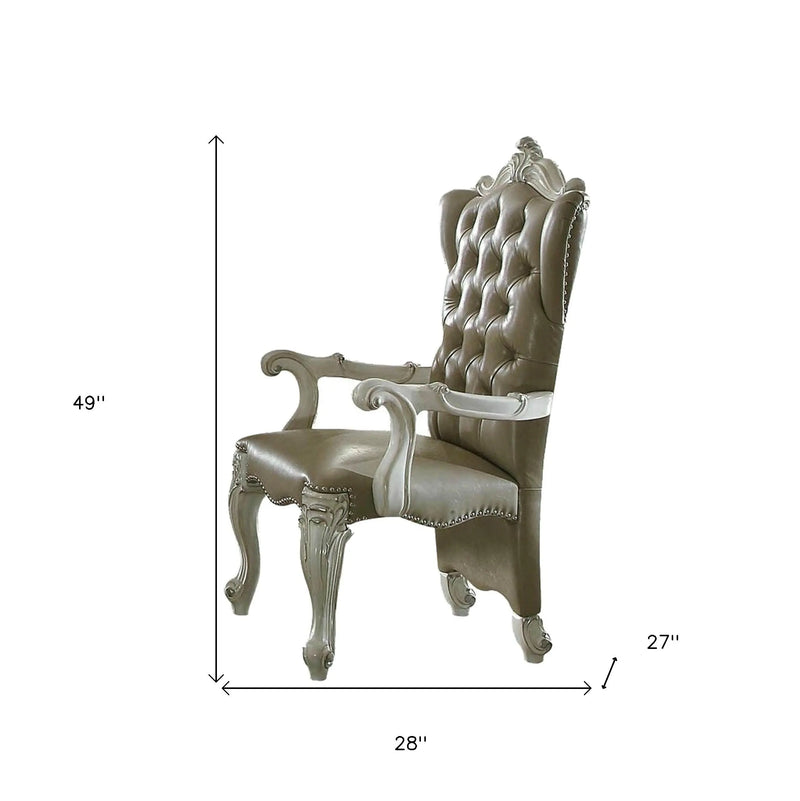 Set of Two Gray and Bone Tufted Faux Leather Wing Back Dining Arm Chairs Homeroots Kitchen & Dining