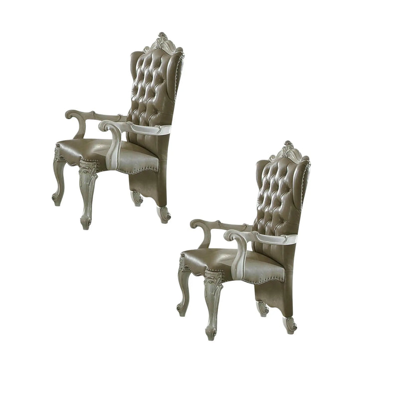 Set of Two Gray and Bone Tufted Faux Leather Wing Back Dining Arm Chairs Homeroots Kitchen & Dining