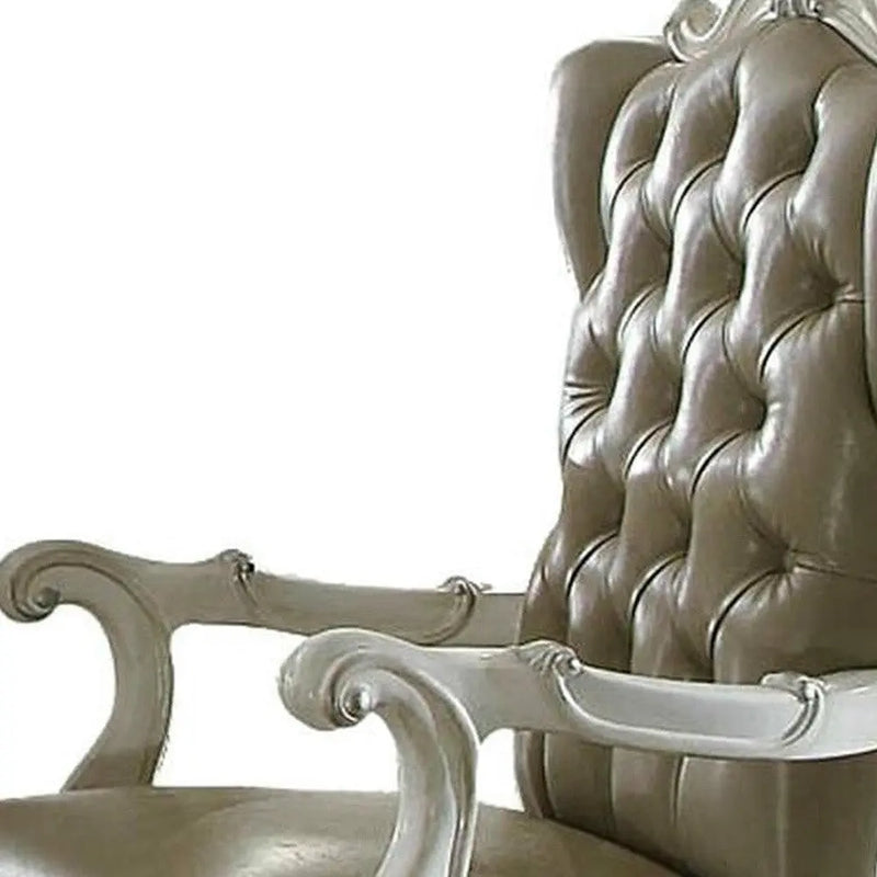 Set of Two Gray and Bone Tufted Faux Leather Wing Back Dining Arm Chairs Homeroots Kitchen & Dining