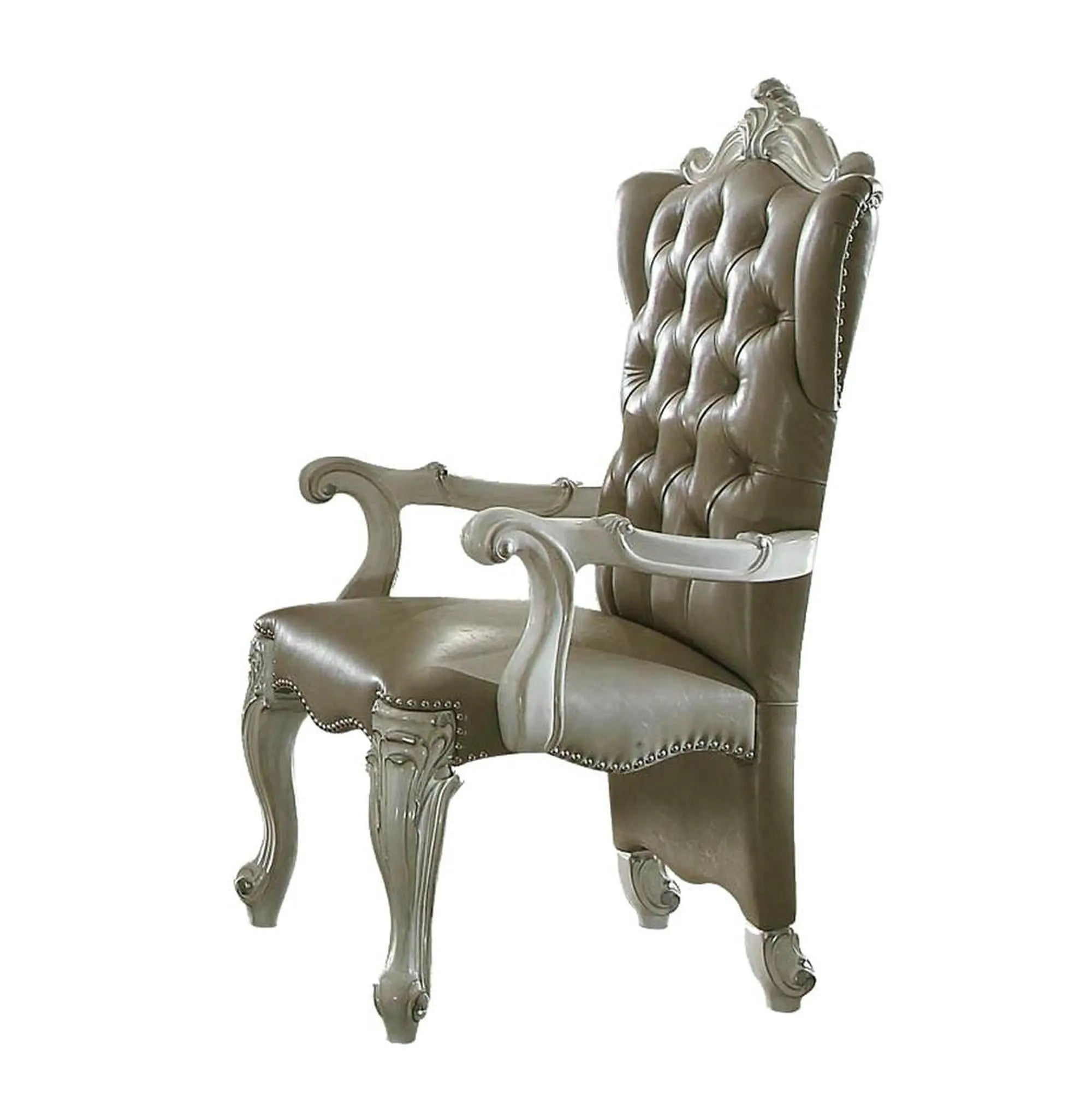 Set of Two Gray and Bone Tufted Faux Leather Wing Back Dining Arm Chairs Homeroots Kitchen & Dining