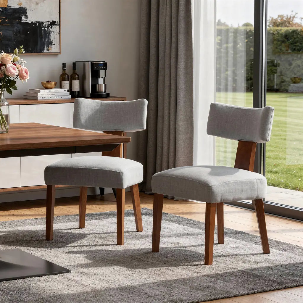 Set of Two Gray and Brown Linen and Solid Wood Dining Side Chairs Homeroots Kitchen & Dining
