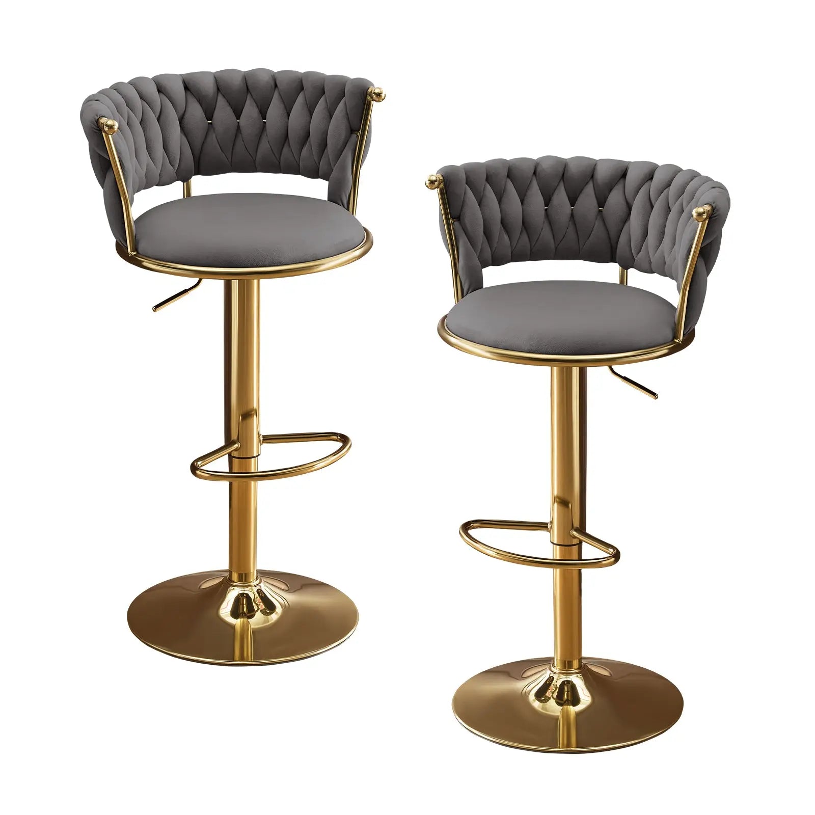Set of Two Gray and Gold Velvet and Metal Low Back Adjustable Height Swivel Bar Chairs Homeroots Living Room