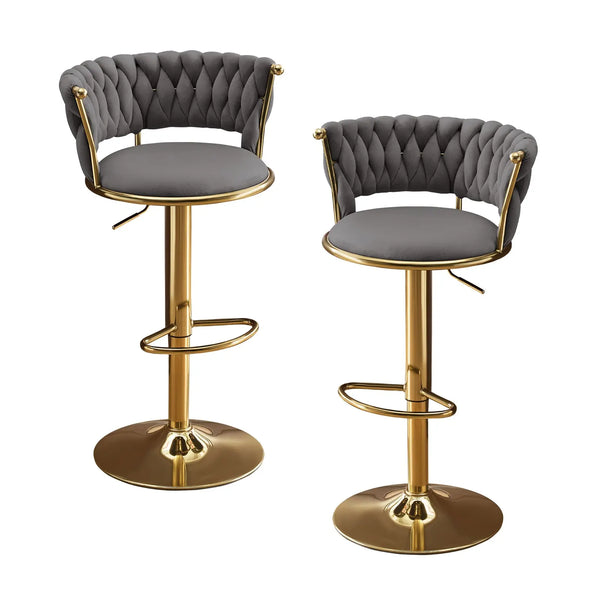 Set of Two Gray and Gold Velvet and Metal Low Back Adjustable Height Swivel Bar Chairs Homeroots Living Room