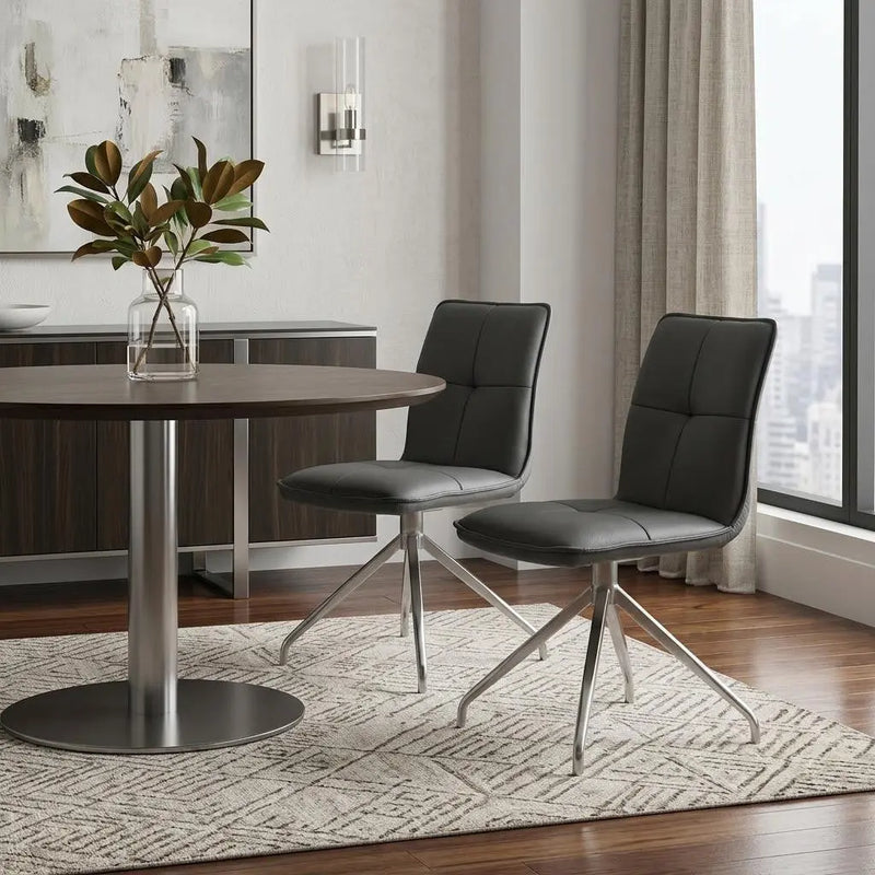 Set of Two Gray and Silver Faux Leather Swivel Dining Side Chairs Homeroots Kitchen & Dining