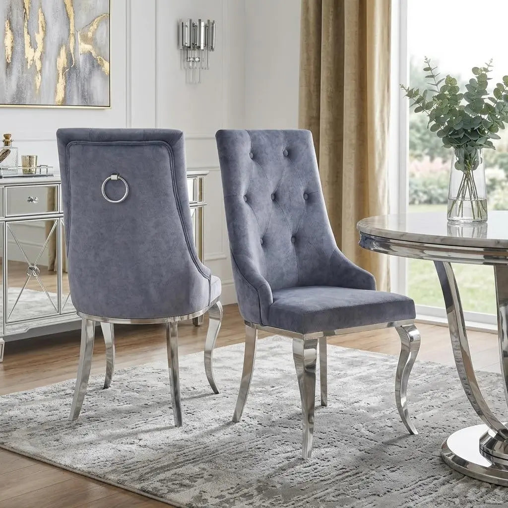 Set of Two Gray and Silver Tufted Fabric Dining Side Chairs Homeroots Kitchen & Dining
