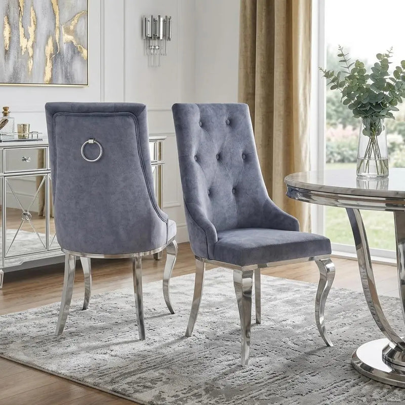 Set of Two Gray and Silver Tufted Fabric Dining Side Chairs Homeroots Kitchen & Dining