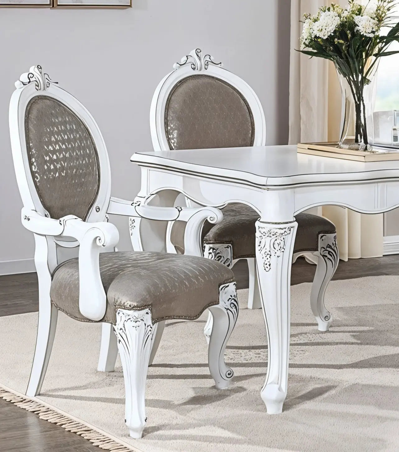 Set of Two Gray and White Upholstered Faux Leather And Solid Wood King Louis Back Dining Arm Chairs Homeroots Kitchen & Dining
