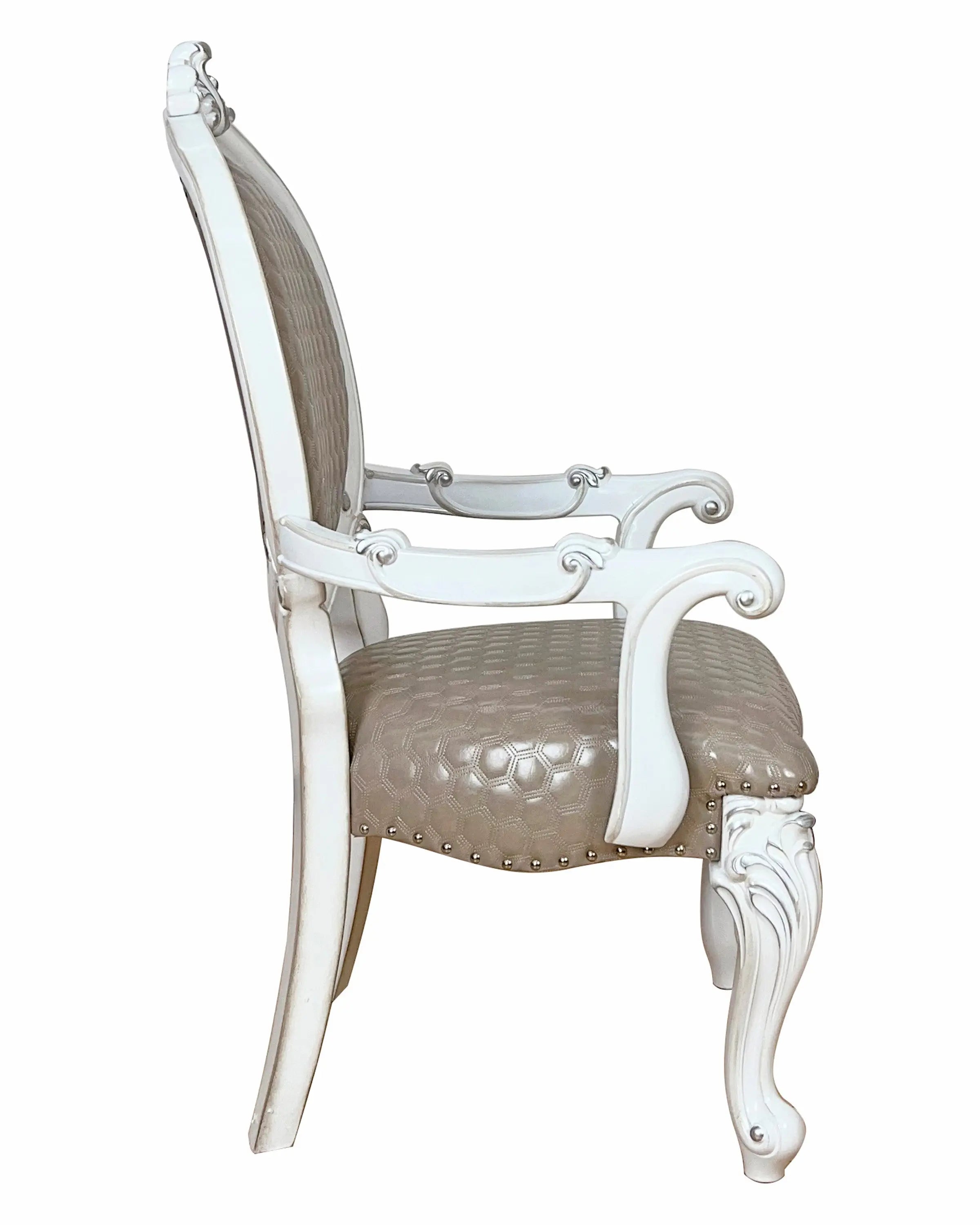 Set of Two Gray and White Upholstered Faux Leather And Solid Wood King Louis Back Dining Arm Chairs Homeroots Kitchen & Dining