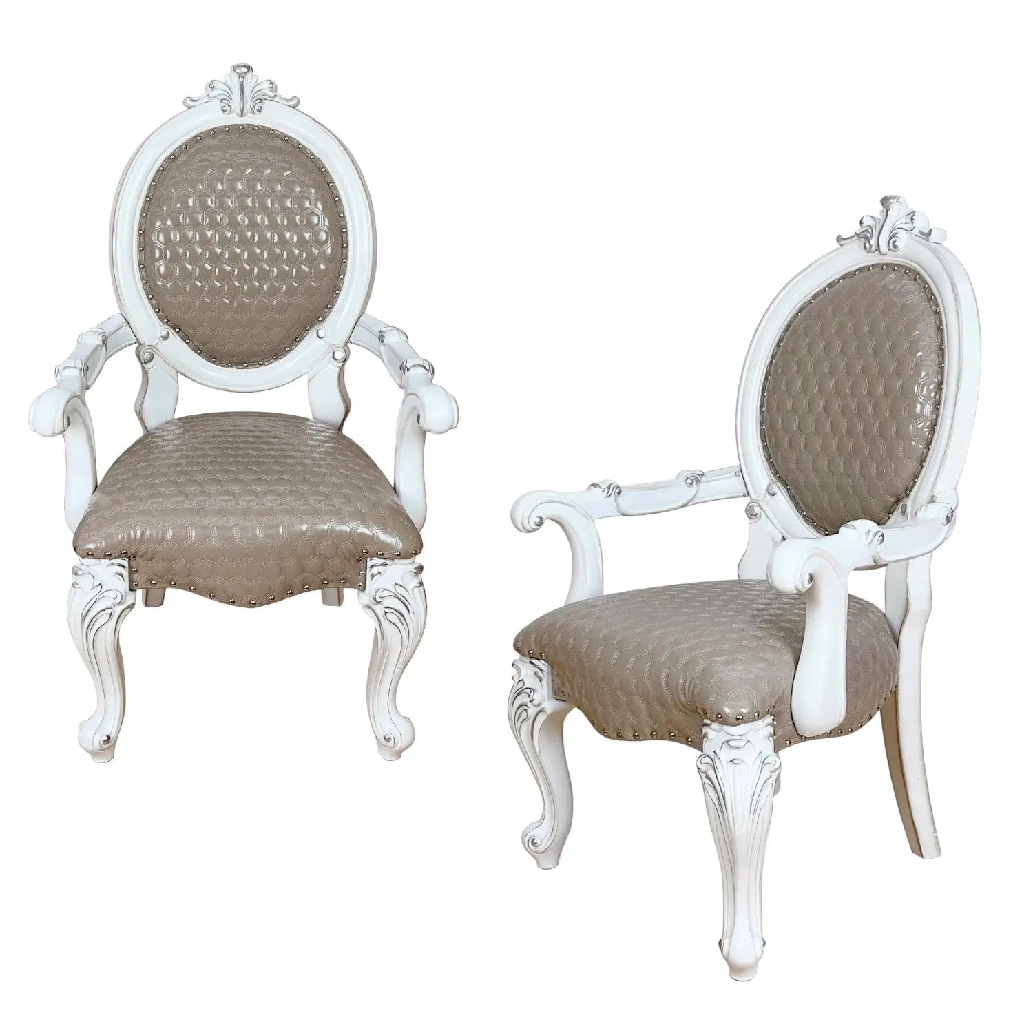 Set of Two Gray and White Upholstered Faux Leather And Solid Wood King Louis Back Dining Arm Chairs Homeroots Kitchen & Dining