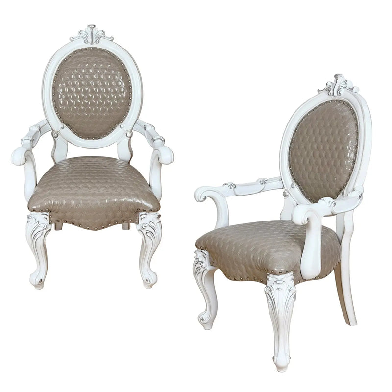 Set of Two Gray and White Upholstered Faux Leather And Solid Wood King Louis Back Dining Arm Chairs Homeroots Kitchen & Dining