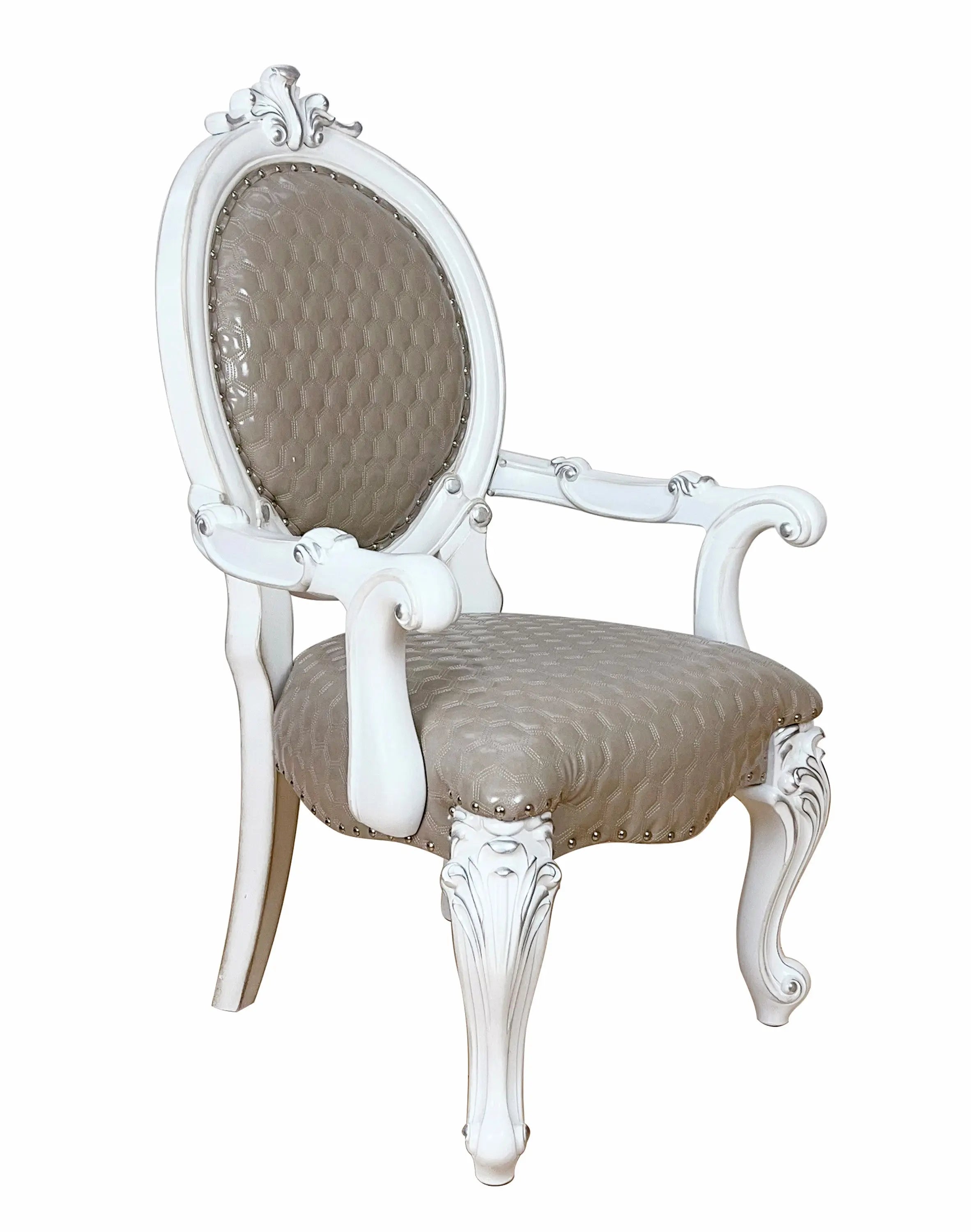 Set of Two Gray and White Upholstered Faux Leather And Solid Wood King Louis Back Dining Arm Chairs Homeroots Kitchen & Dining