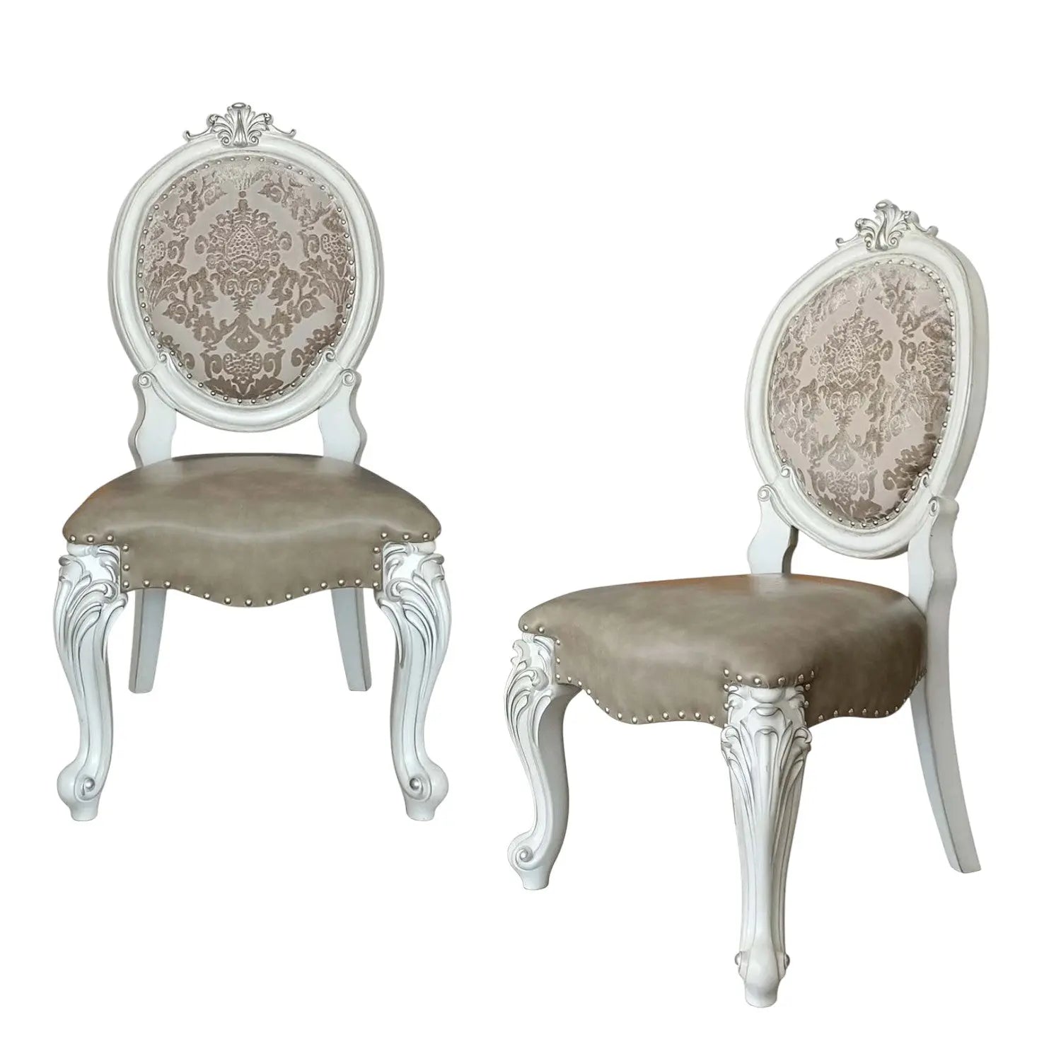 Set of Two Gray and White Upholstered Faux Leather And Solid Wood King Louis Back Dining Side Chairs Homeroots Kitchen & Dining