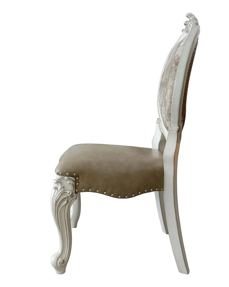 Set of Two Gray and White Upholstered Faux Leather And Solid Wood King Louis Back Dining Side Chairs Homeroots Kitchen & Dining