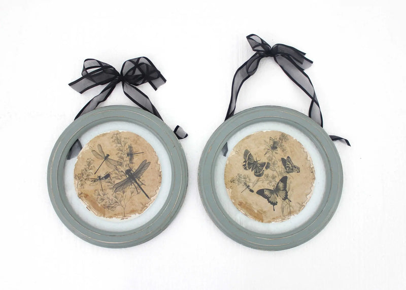 Set of Two Green And Ivory Butterfly Glass Circle Homeroots Home Decor