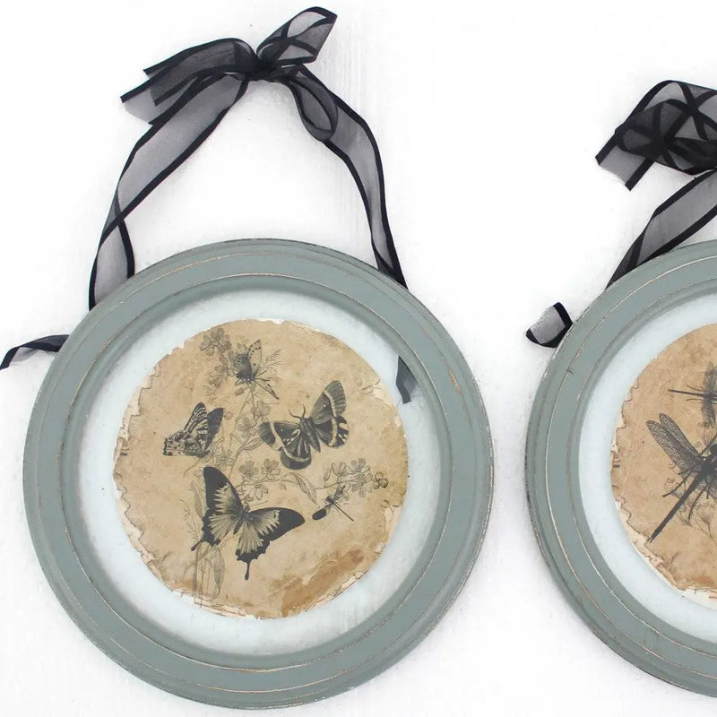 Set of Two Green And Ivory Butterfly Glass Circle Homeroots Home Decor