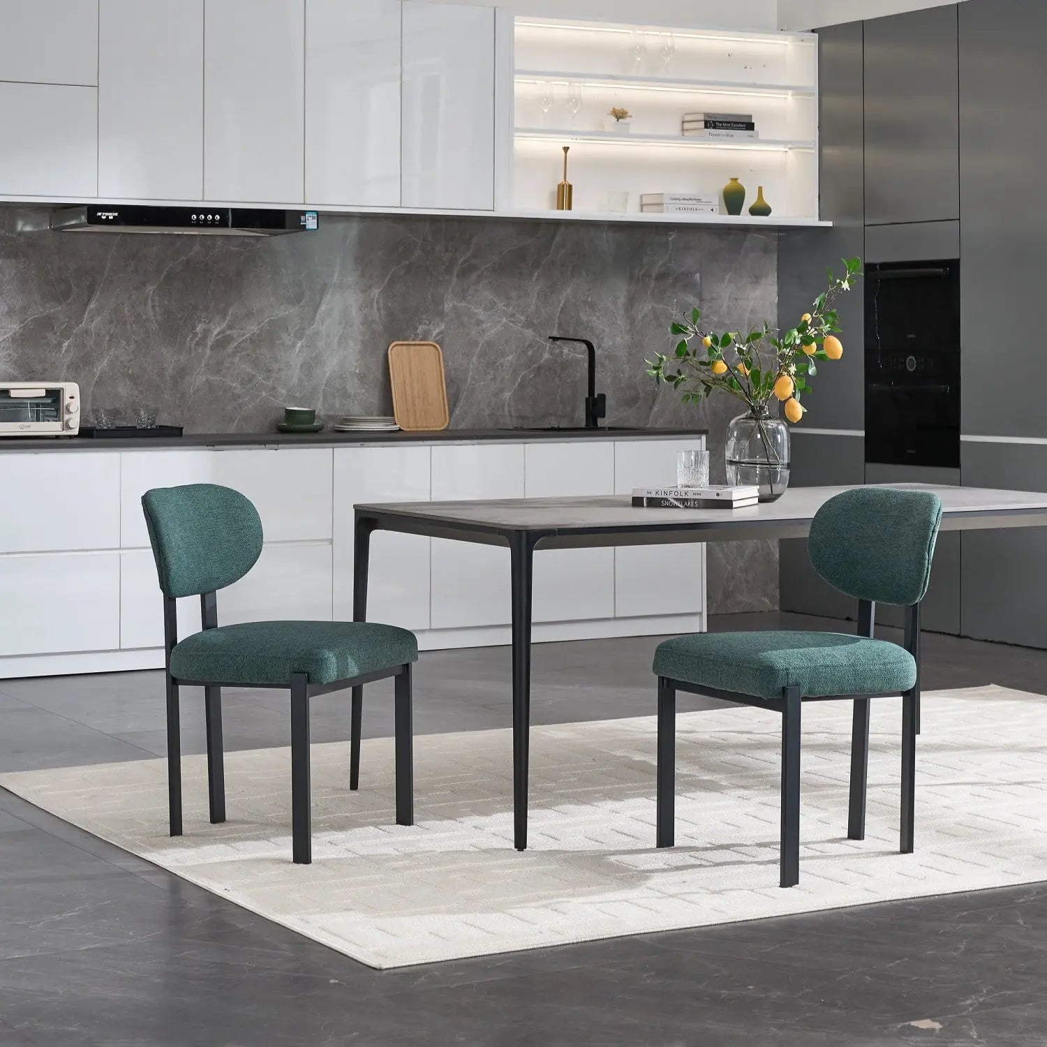 Set of Two Green and Black Chenille And Metal Partially Open Back Dining Side Chairs Homeroots Kitchen & Dining