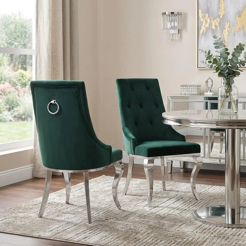 Set of Two Green and Silver Tufted Fabric Dining Side Chairs Homeroots Kitchen & Dining