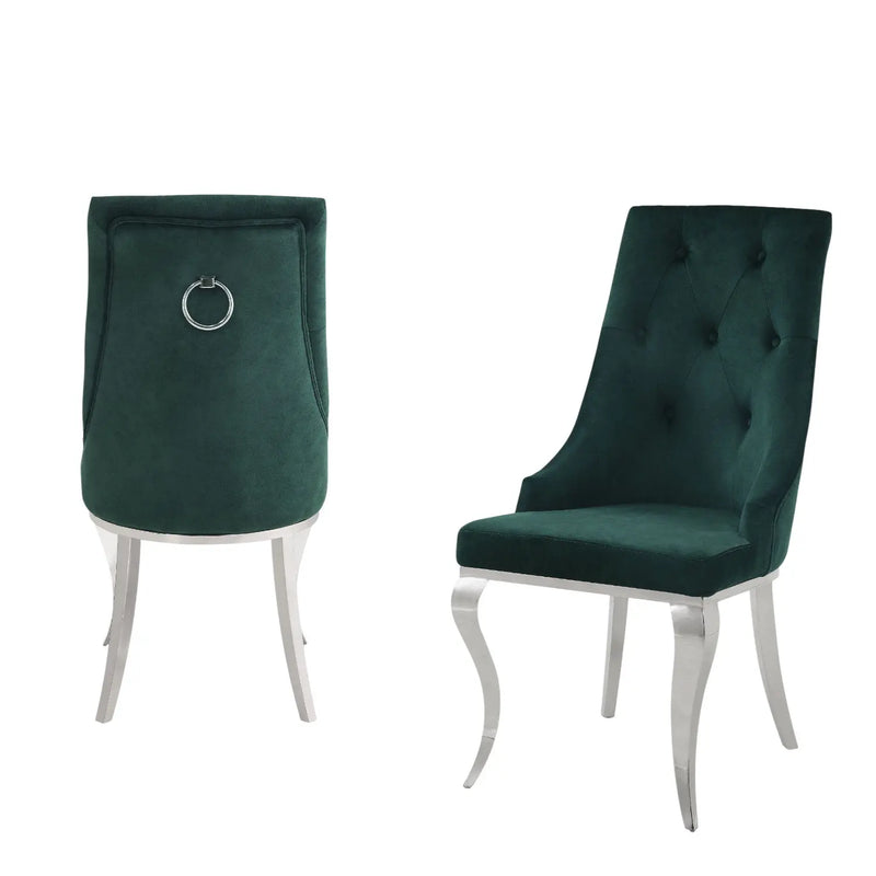 Set of Two Green and Silver Tufted Fabric Dining Side Chairs Homeroots Kitchen & Dining
